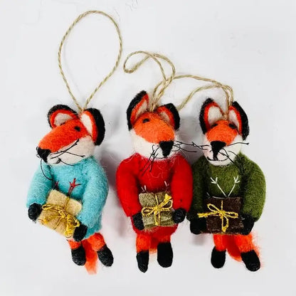 Ornament - Fox with Embroidered Ski Sweater and Gift - Set of 3