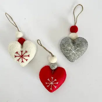 Ornament - Embroidered Hearts - Red, White and Grey - Set of 3