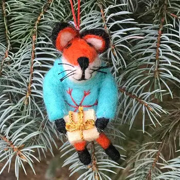 Ornament - Fox with Embroidered Ski Sweater and Gift - Set of 3