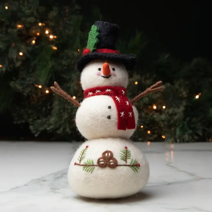 Christmas Decor - Handmade Felt Embroidered Snowman with Red Scarf - Small or Large