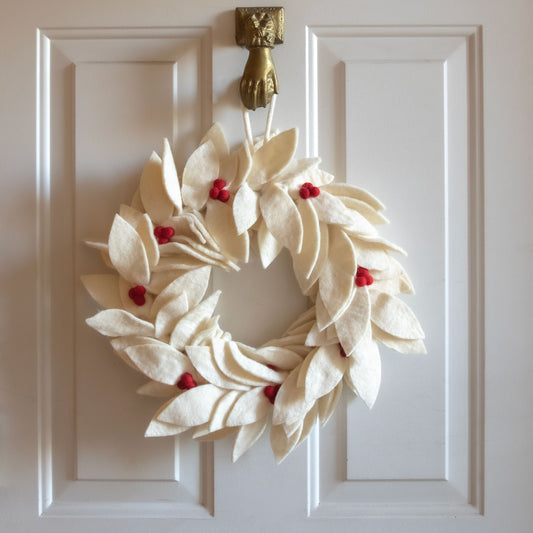 Home Decor - Wreath - White with Red Holly Berries